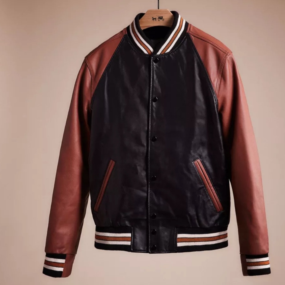 Coach Brown Leather Varsity Bomber Jacket